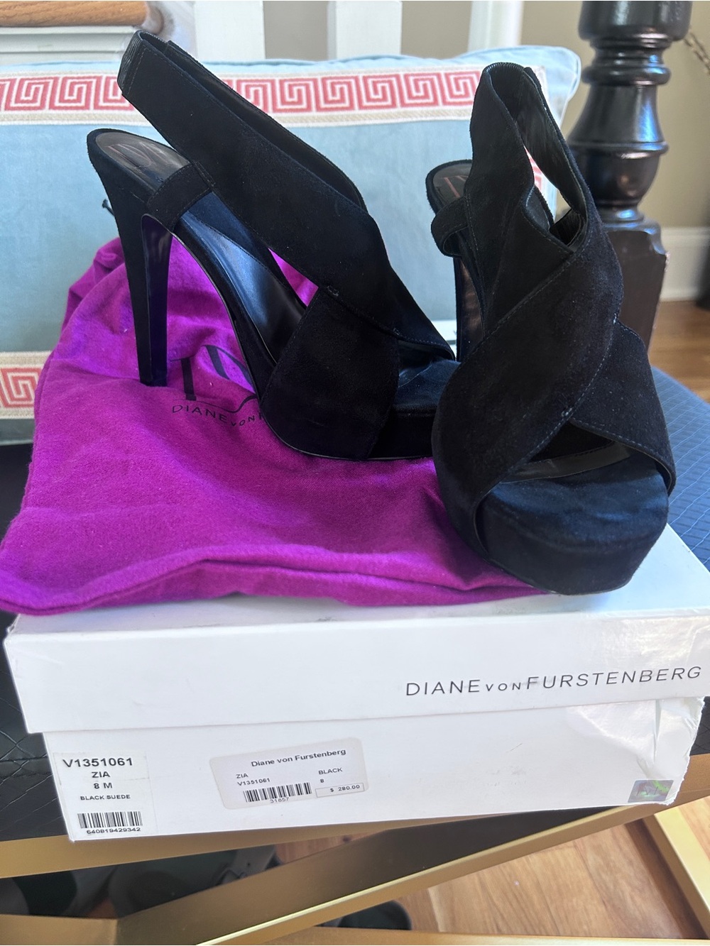 Diane Von Furstenberg Black Suede Crisscross Platform Slingback Heels